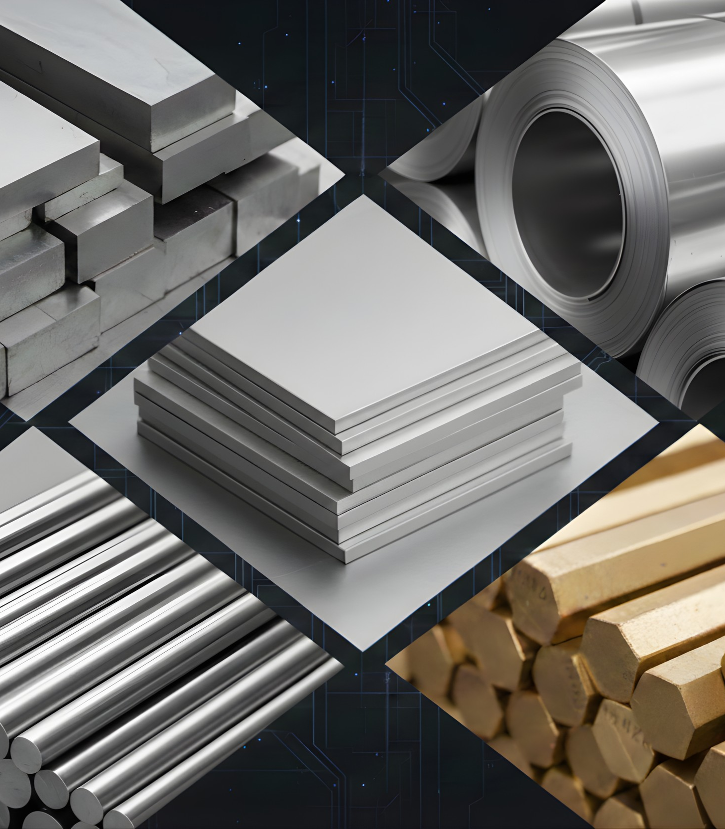 Various metal products: bars, sheets, coils, and rods in a collage with a dark background.