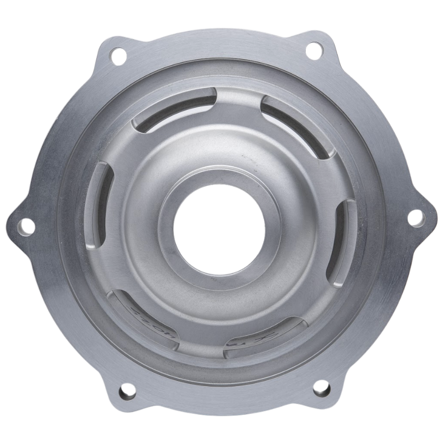 Metal circular component with center hole and slotted openings, and mounting holes.