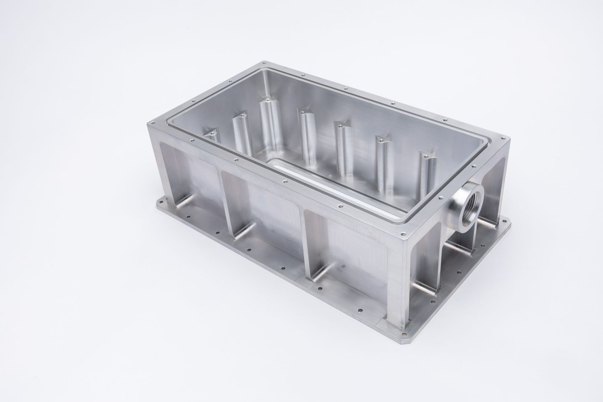 Metal rectangular enclosure with internal supports, a flange with holes, and a cylindrical port, on a white background.