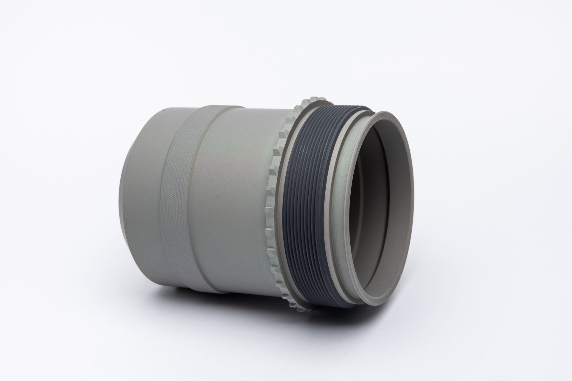 Gray and black plastic lens hood.