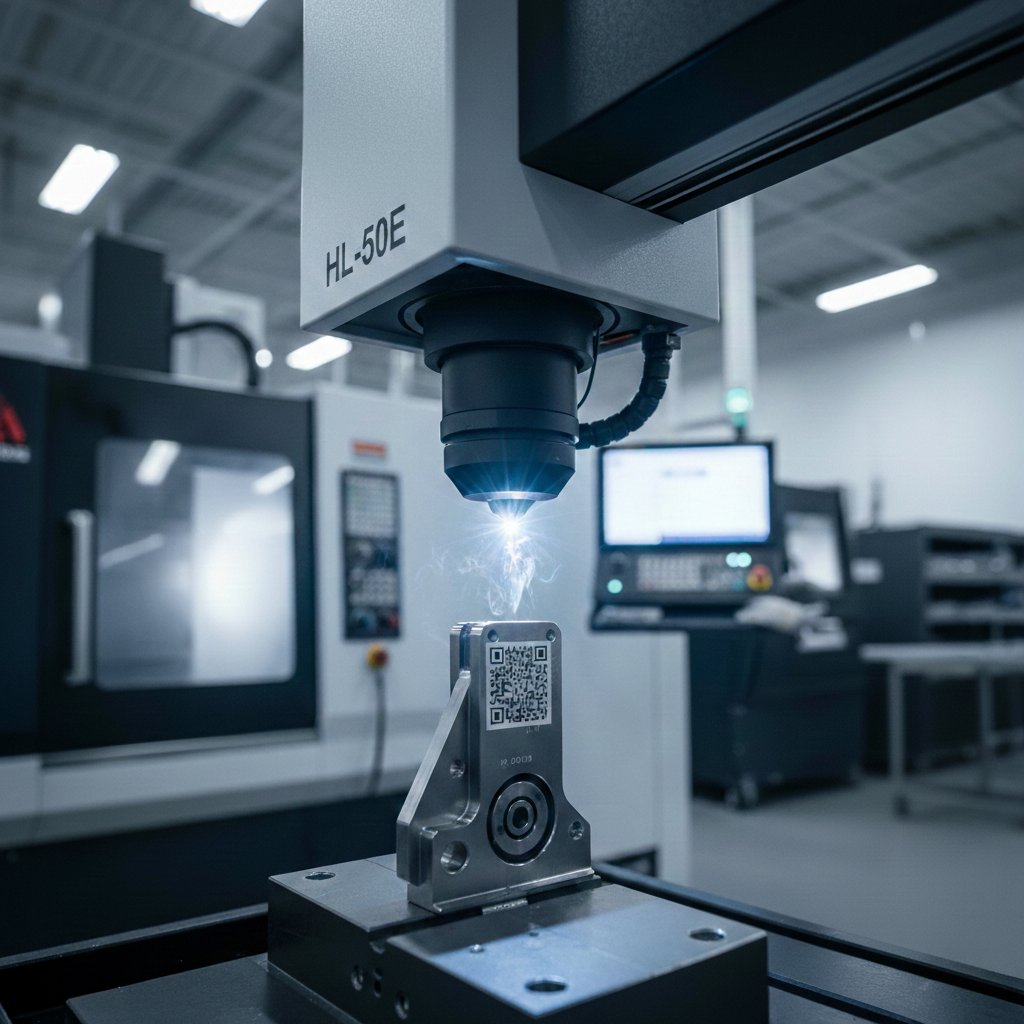 A manufacturing machine precisely scanning a metal part with a QR code in a factory setting.