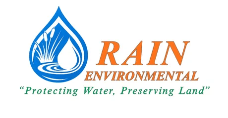 Logo of Rain Environmental: blue water droplet with reeds, orange text, slogan 
