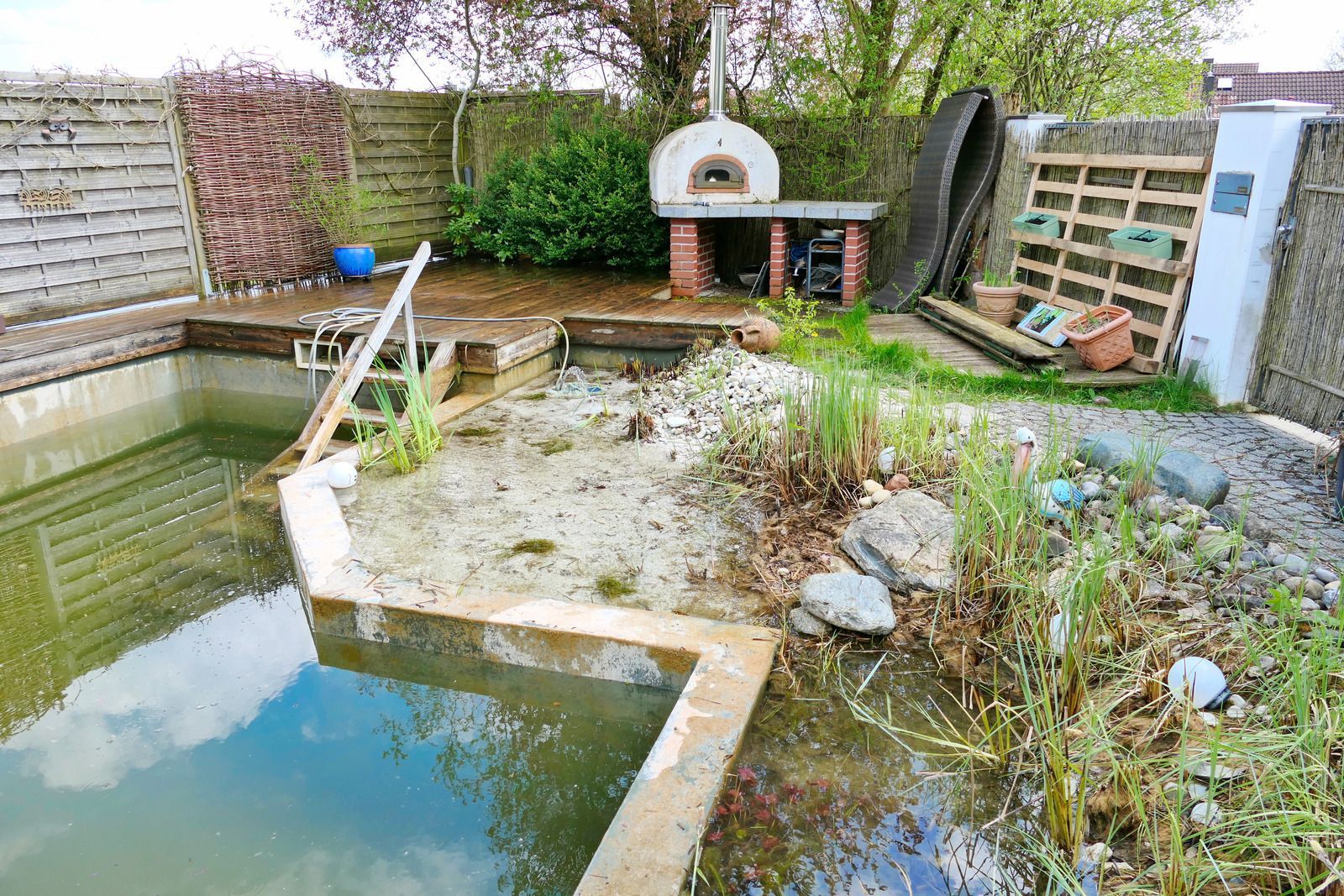 Yellow excavator digging in a grassy area near trees.