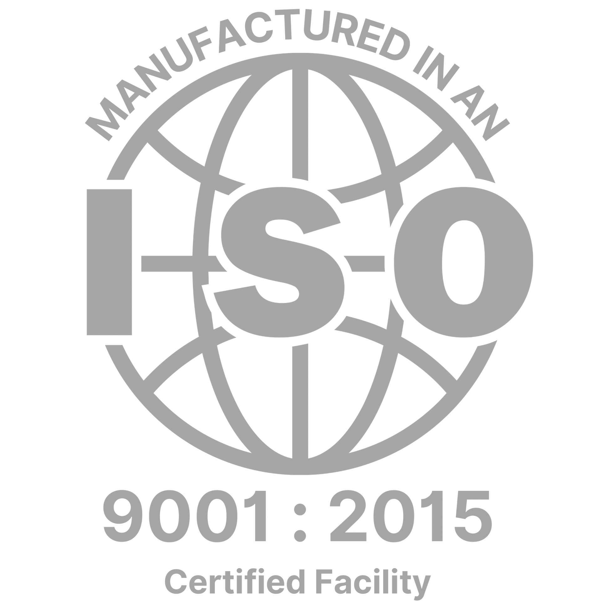 It is a gray logo that says `` manufactured in an iso 9001 : 2015 certified facility ''.