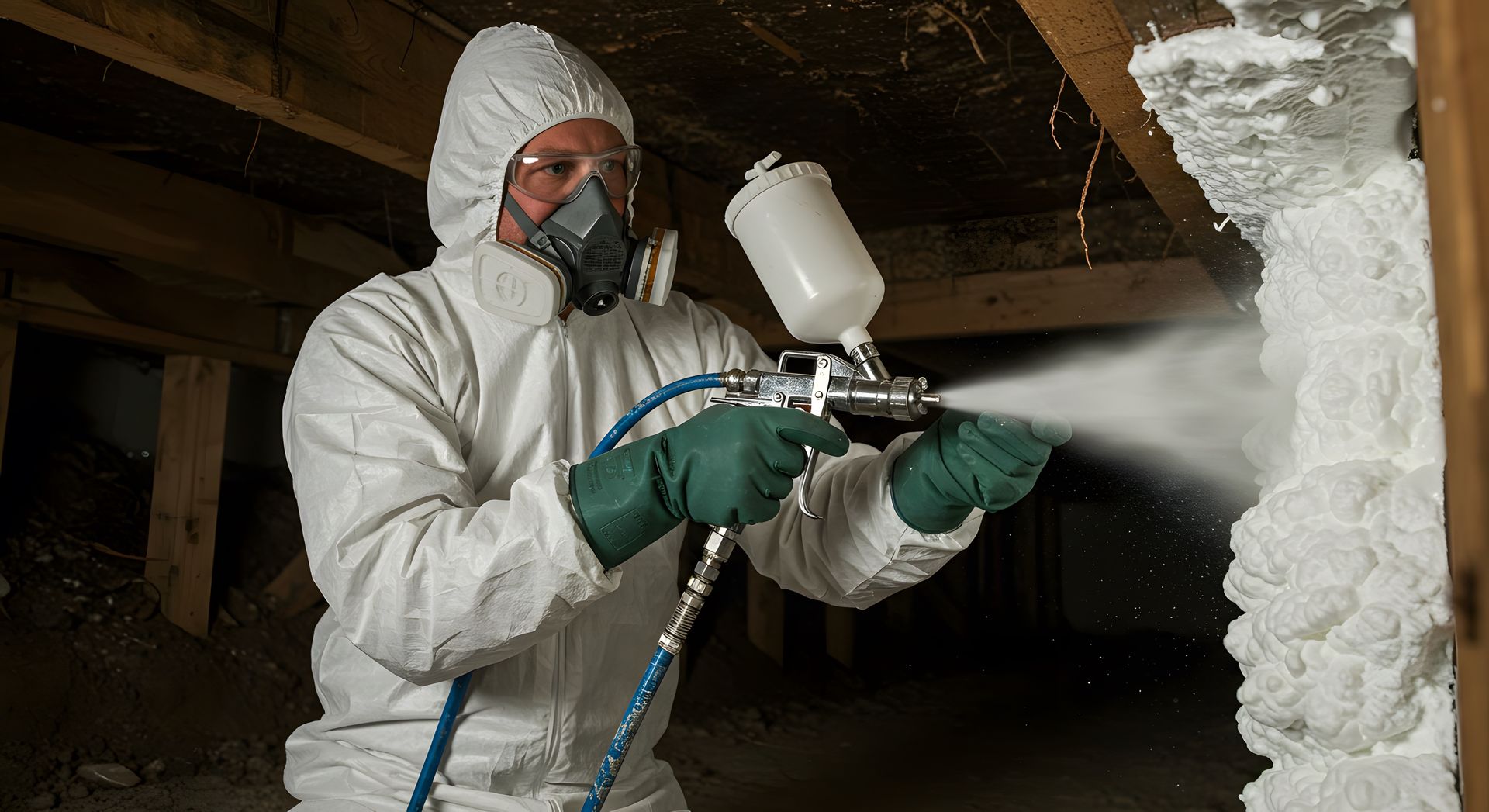 Worker in protective gear spraying foam insulation on wooden beams in a crawl space.