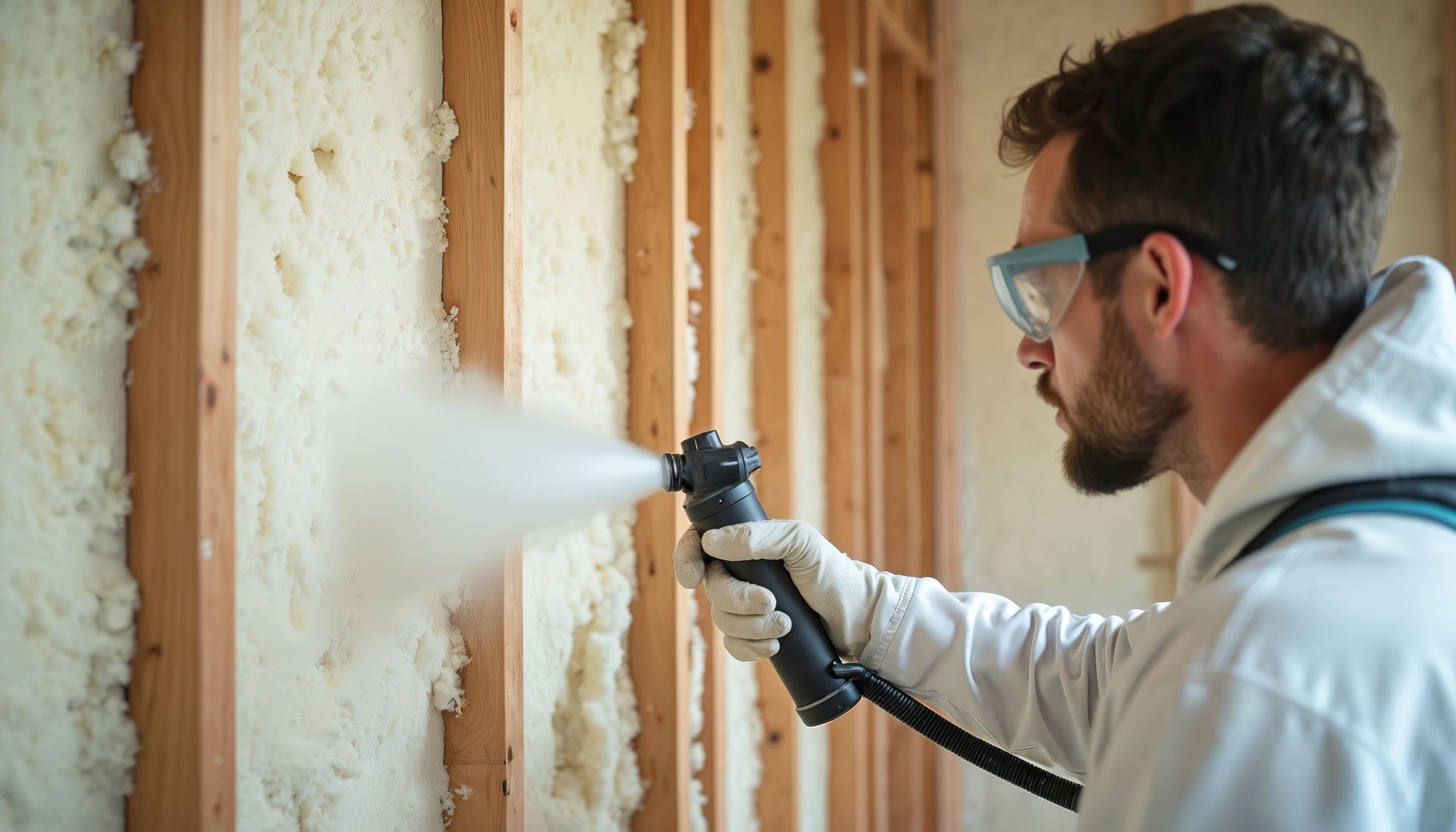 Worker spraying foam insulation onto wall studs during construction.