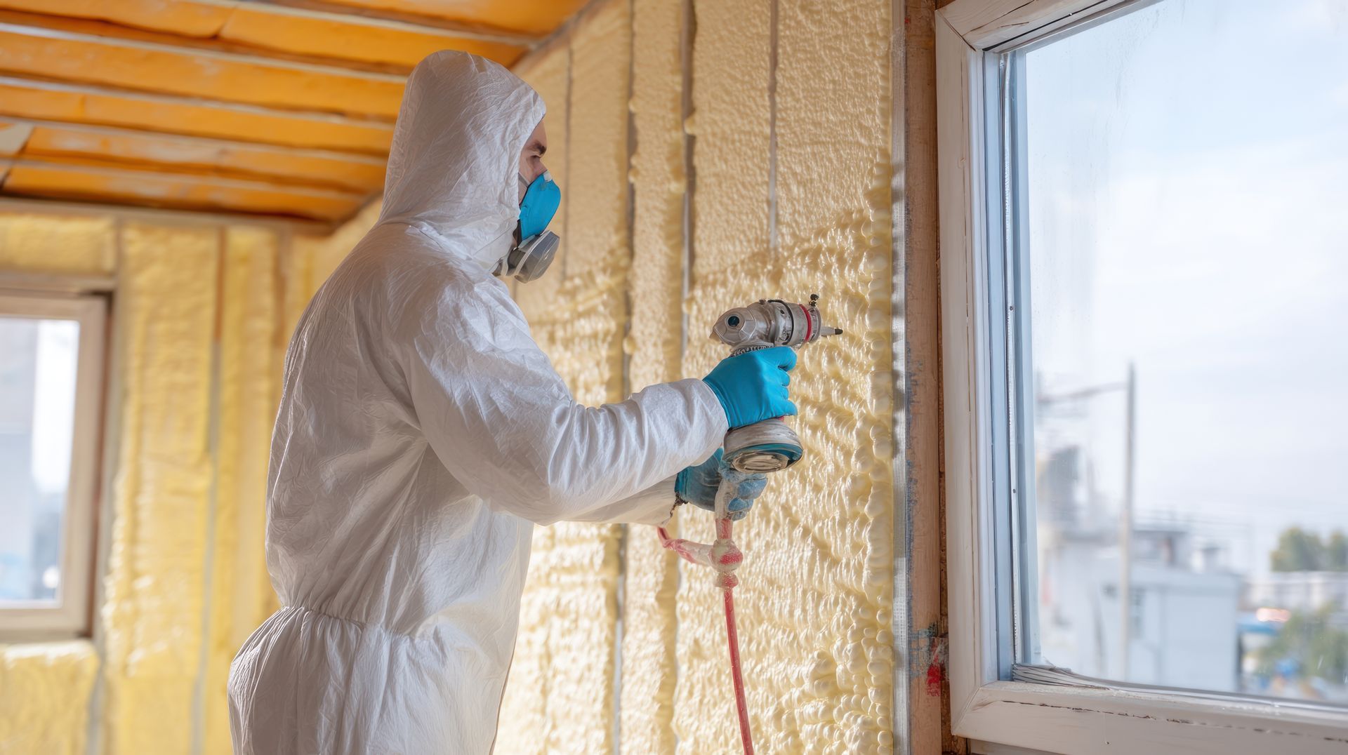 Worker in protective gear spraying foam insulation onto interior wall studs.