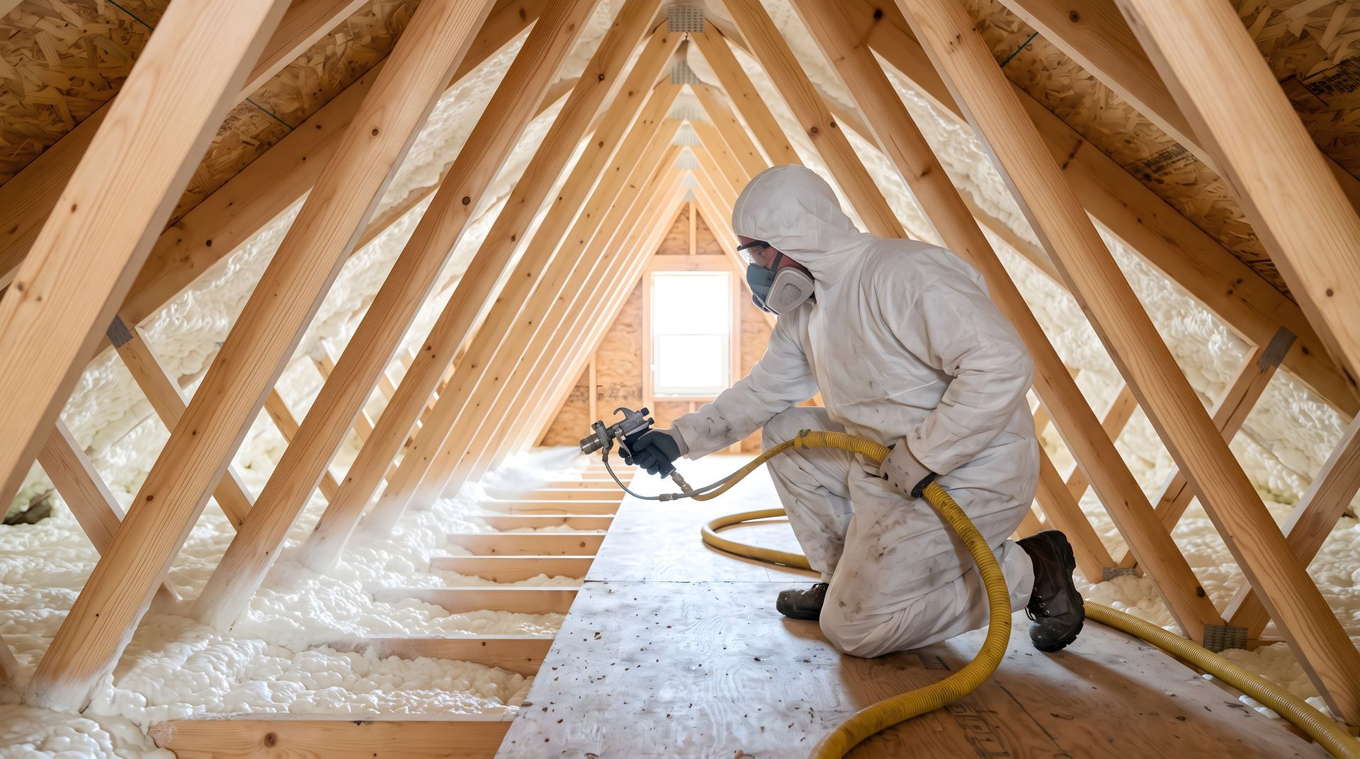 Insulation contractor in protective suit and respirator applying spray foam insulation in an attic w