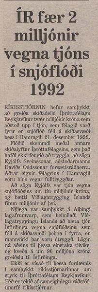 ÍR fær 2 milljónir vegna tjóns í snjóflóði 1992
