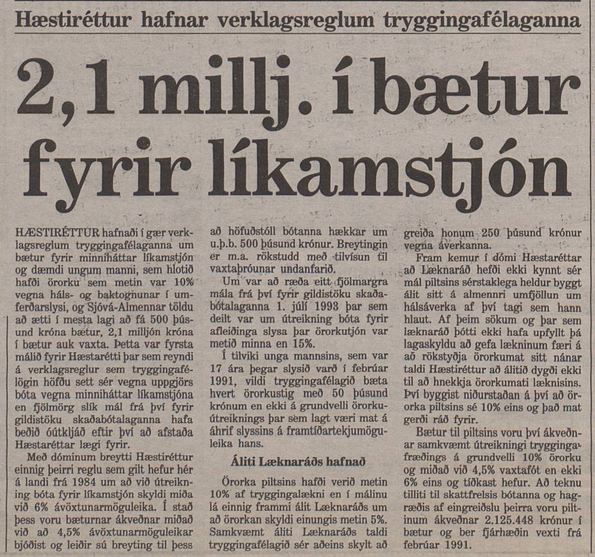 2,1 millj. í bætur fyrir líkamstjón