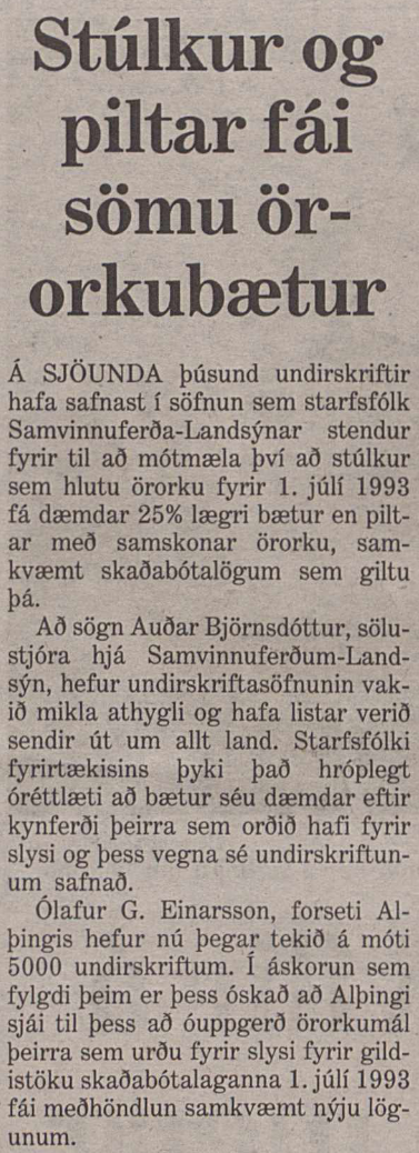 Stúlkur og piltar fái sömu örorkubætur