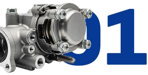 Silver automotive carburetor with blue “01” text in the background