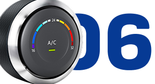 Car A/C control dial with temperature colors and large blue “06” in the background