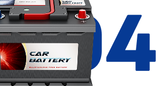 Car battery with red terminals next to a large blue number 4
