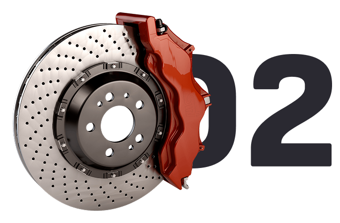 Perforated brake disc with red caliper, alongside the number 