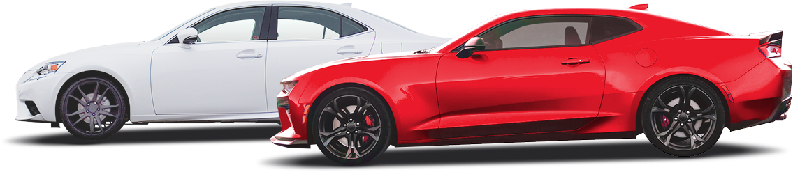 A white sedan and a red sports car parked next to each other.