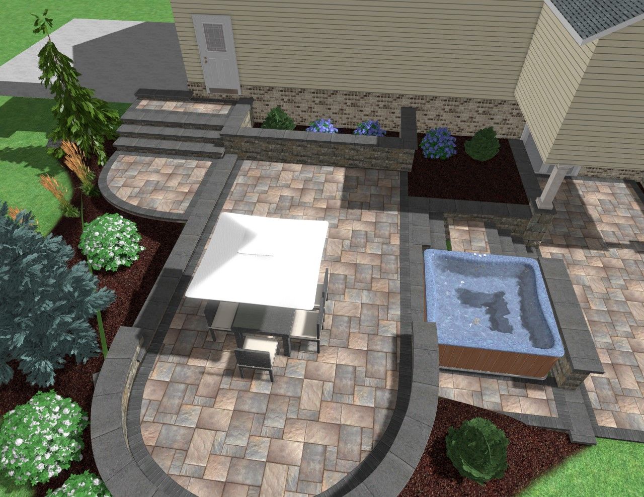 Overhead view of a backyard patio with a hot tub, seating area with umbrella, and stone pavers.