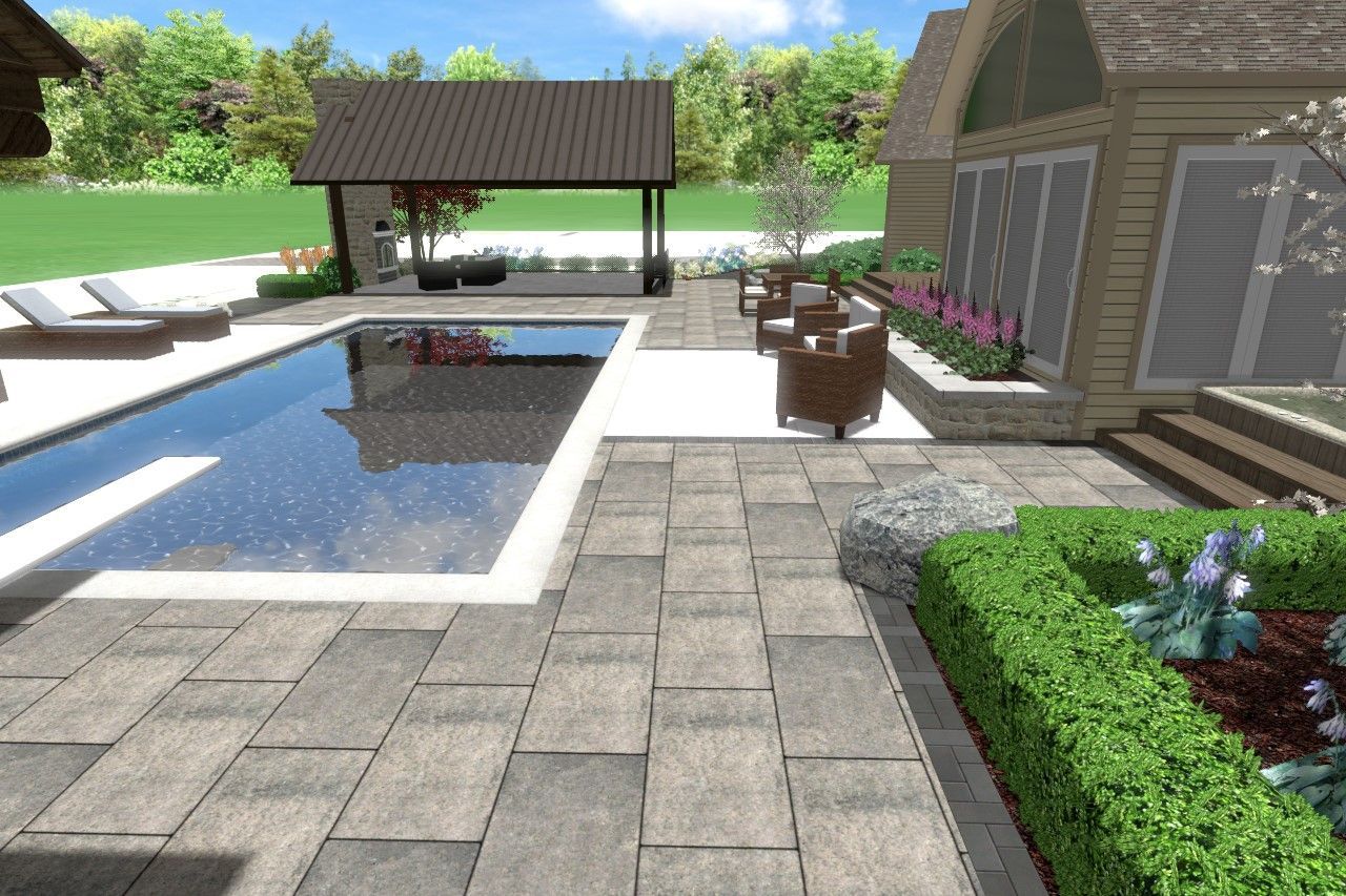 Backyard patio with pool, lounge area, and gazebo on a sunny day.