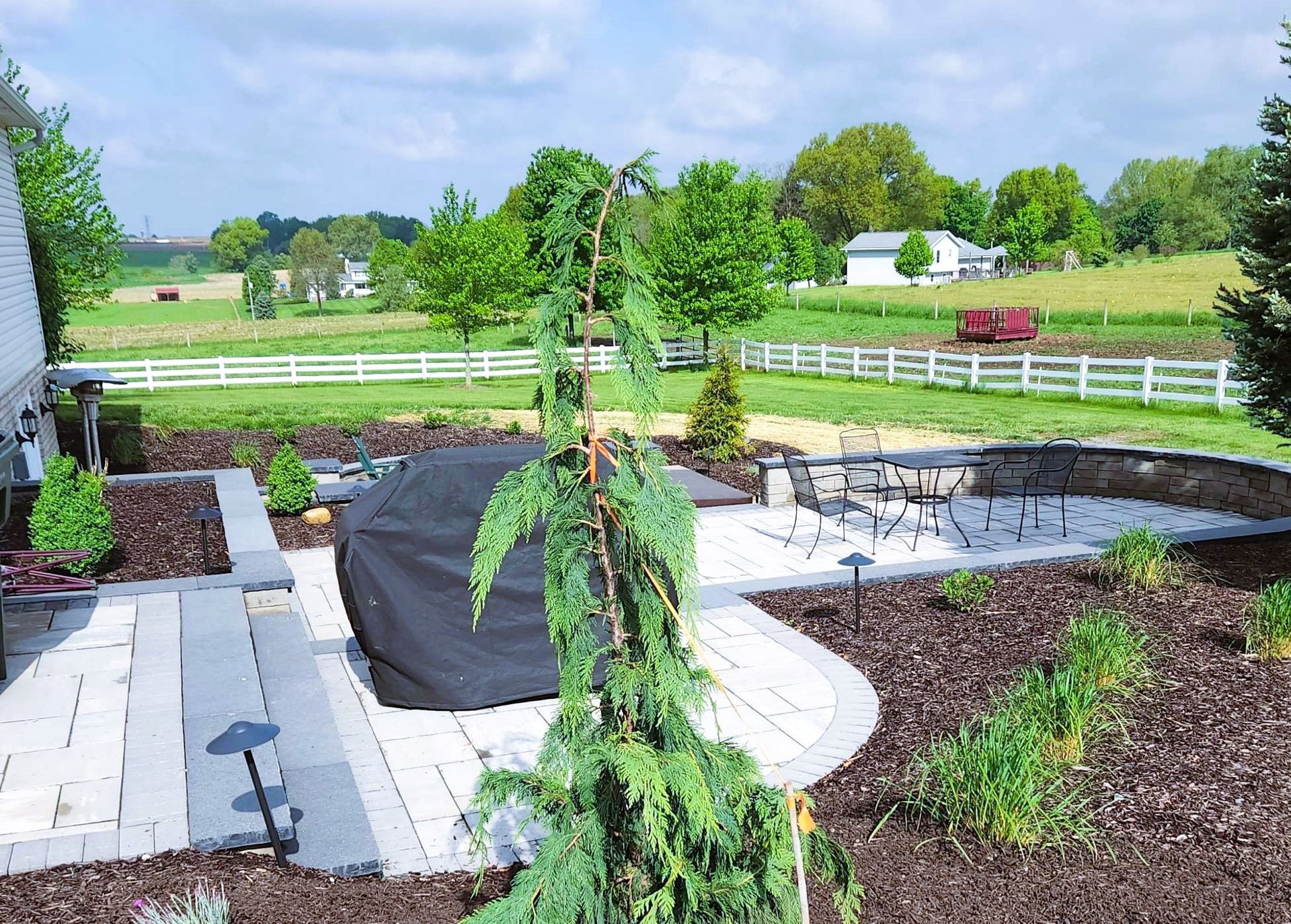 Patio with grill, landscaping, and a field with a white fence on a sunny day.