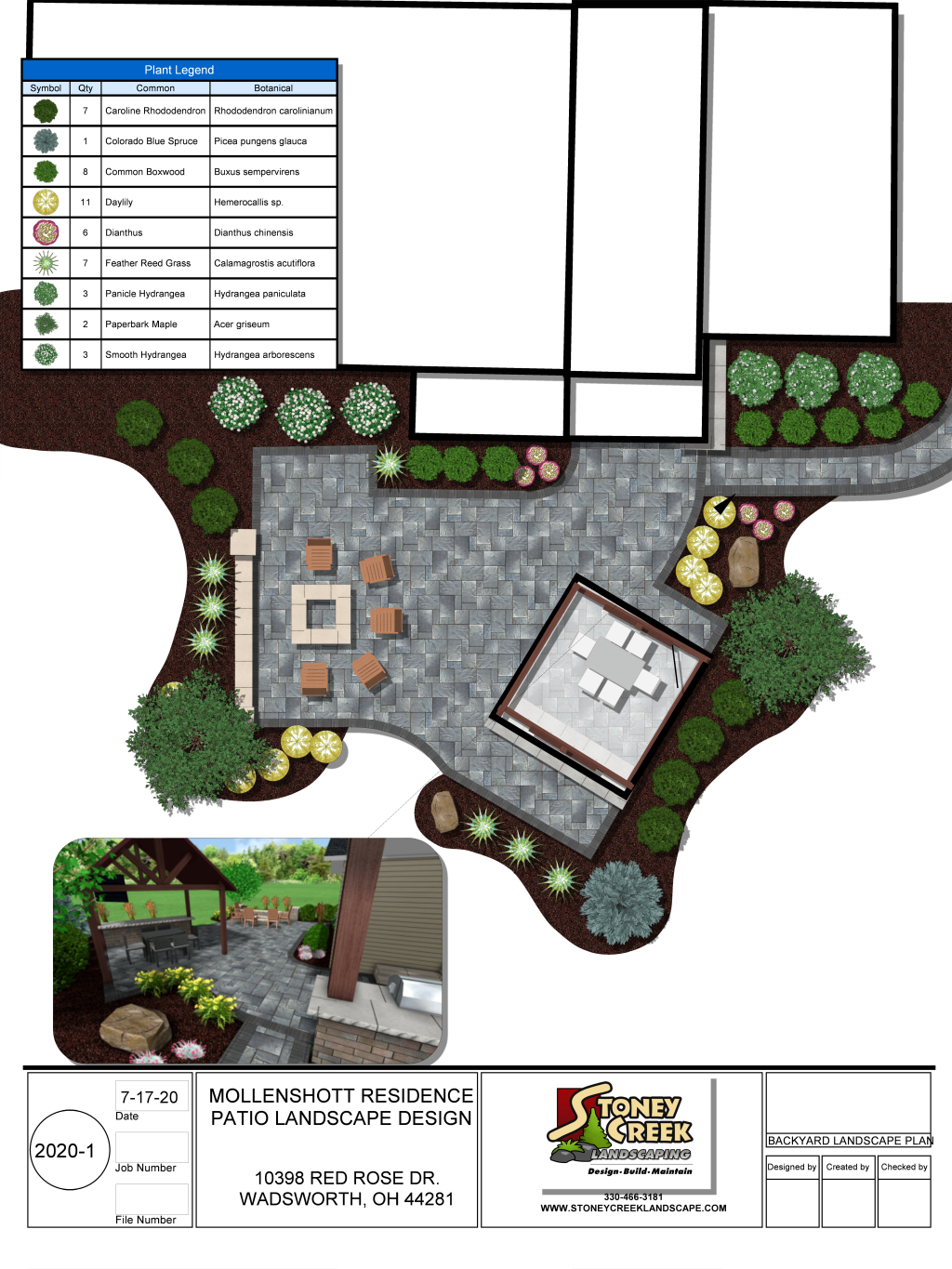 Landscape design plan: patio with seating, fire pit, plantings, and walkway, with plant key.