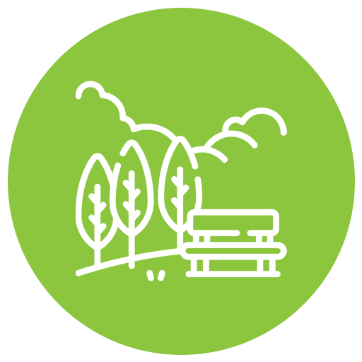 Green circle with a white outline of a park scene: trees, bench, and hills.