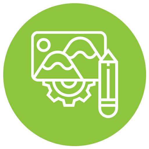 Green circle with a white graphic of a landscape, gear, and pencil, suggesting image editing or creation.