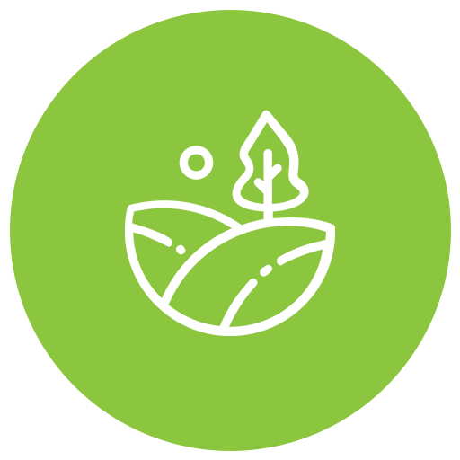 Green circle with white outline of a landscape: rolling hills, tree, and sun.