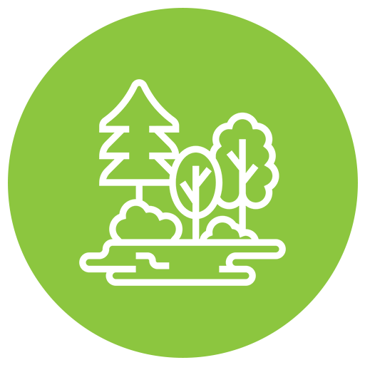 White outline of trees and bushes on green circle.