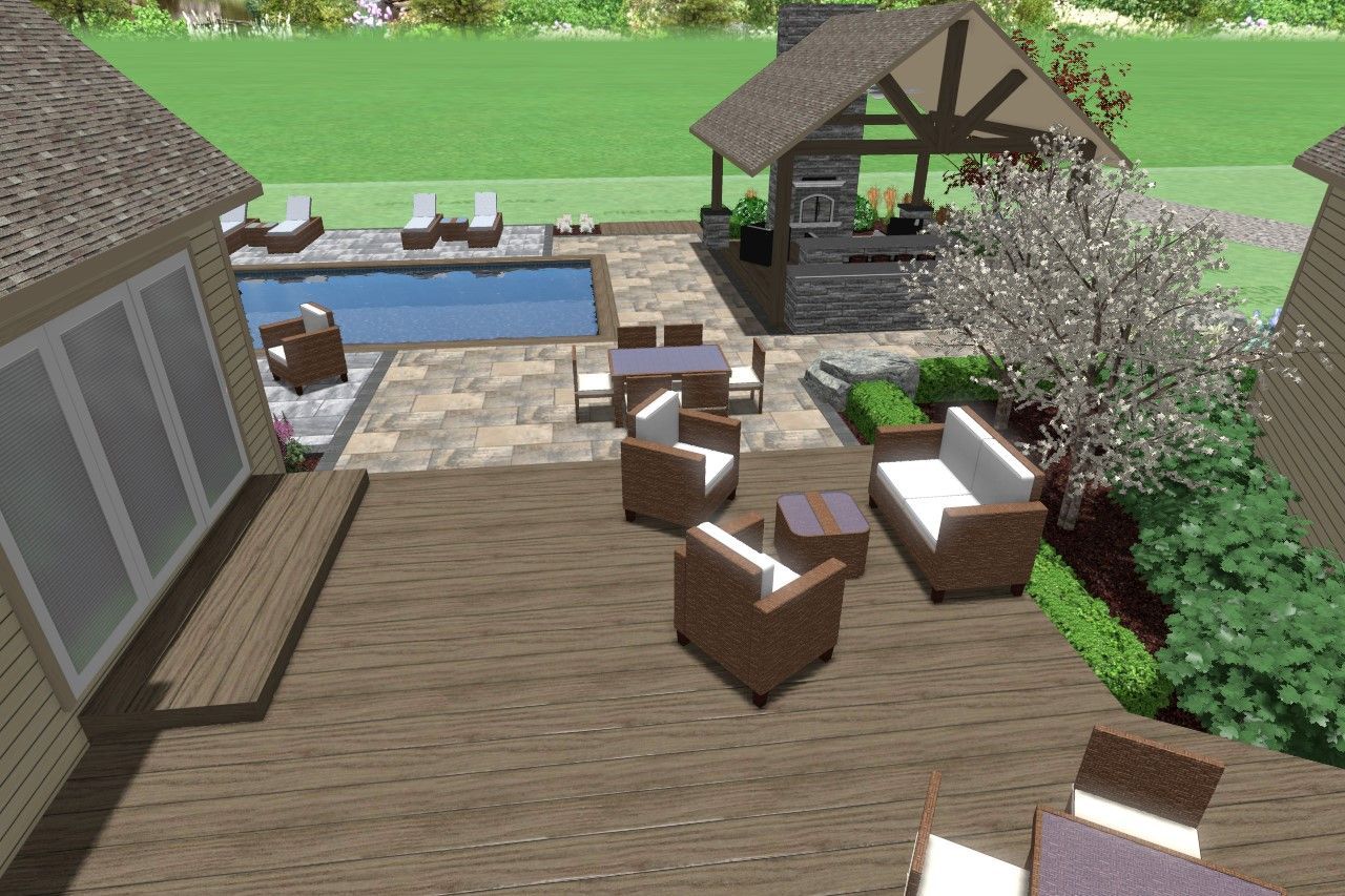 Backyard patio with pool, dining, and lounge areas; brown, gray, and green color scheme.
