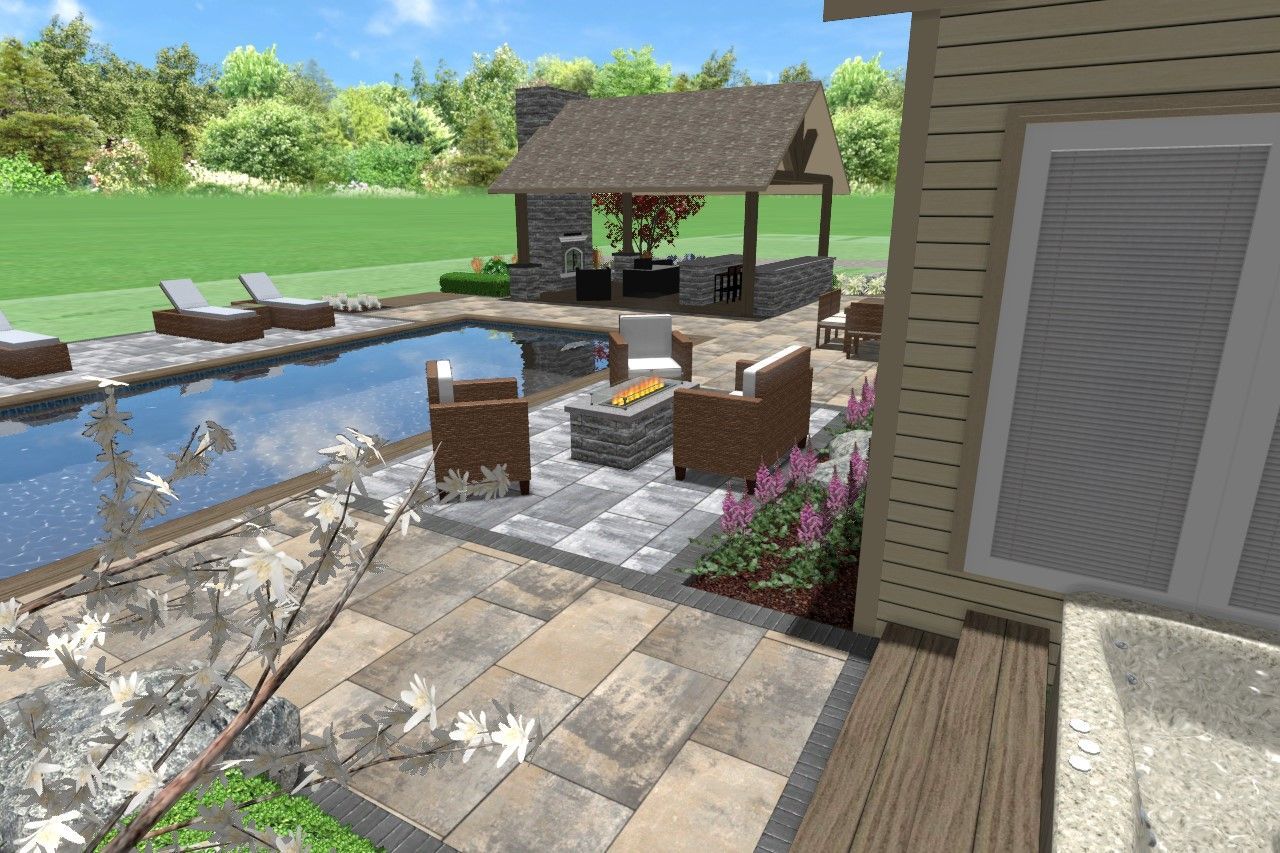 Poolside patio with pool, fire pit, and covered outdoor kitchen near a house.