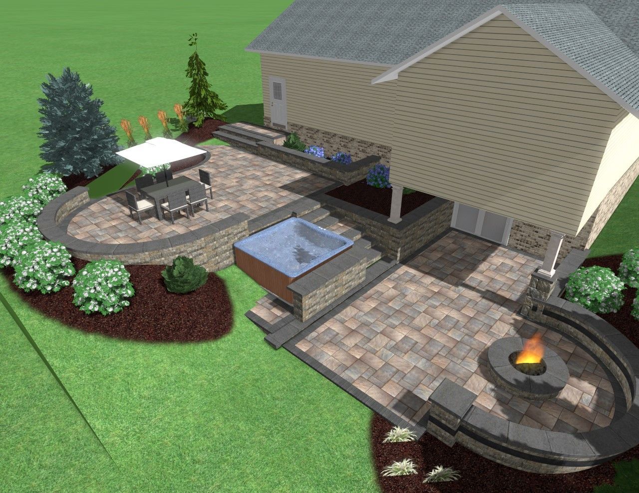 Rendering of a backyard patio with pavers, hot tub, fire pit, and dining area next to a house.