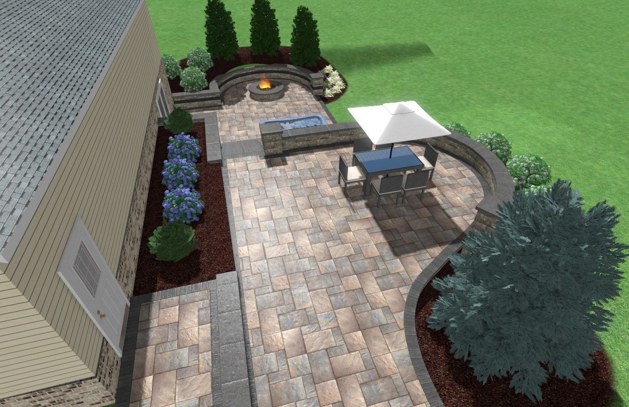 Rendering of a backyard patio with pavers, a fire pit, and outdoor dining set next to a house with landscaping.