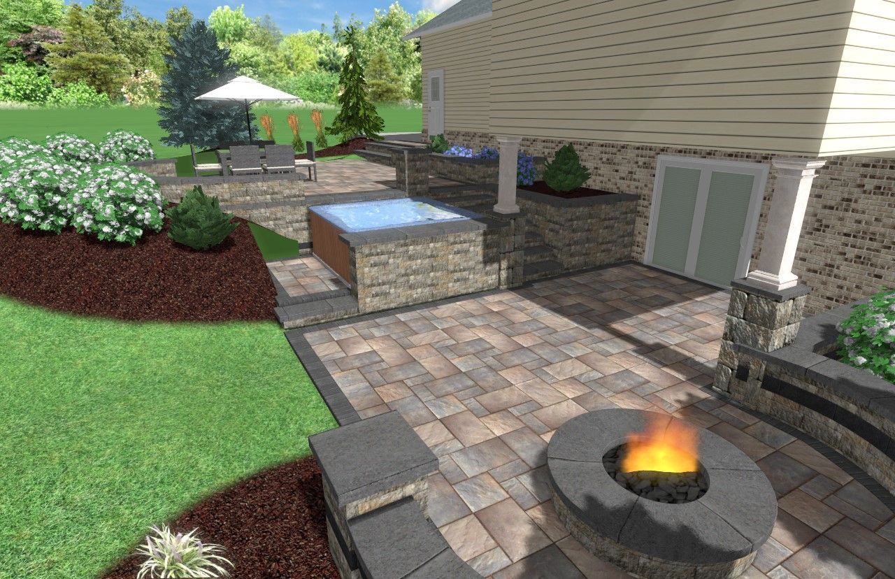 Backyard patio with hot tub, fire pit, landscaping, and house.