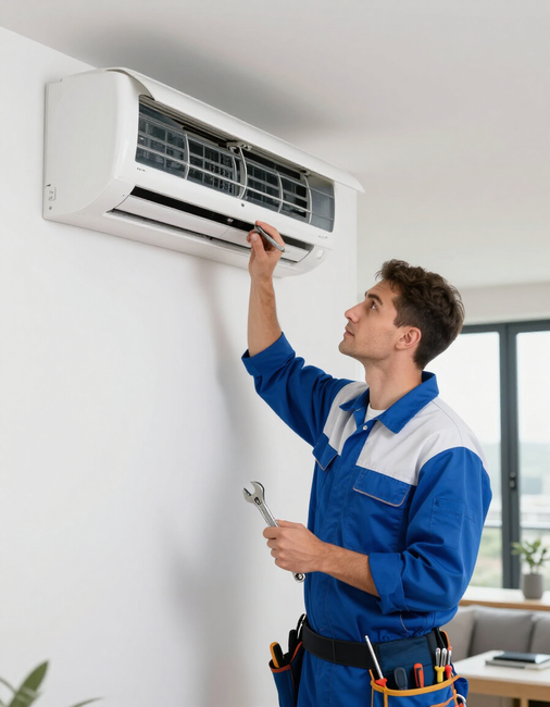 Técnico dando servicio a un aire acondicionado en casa