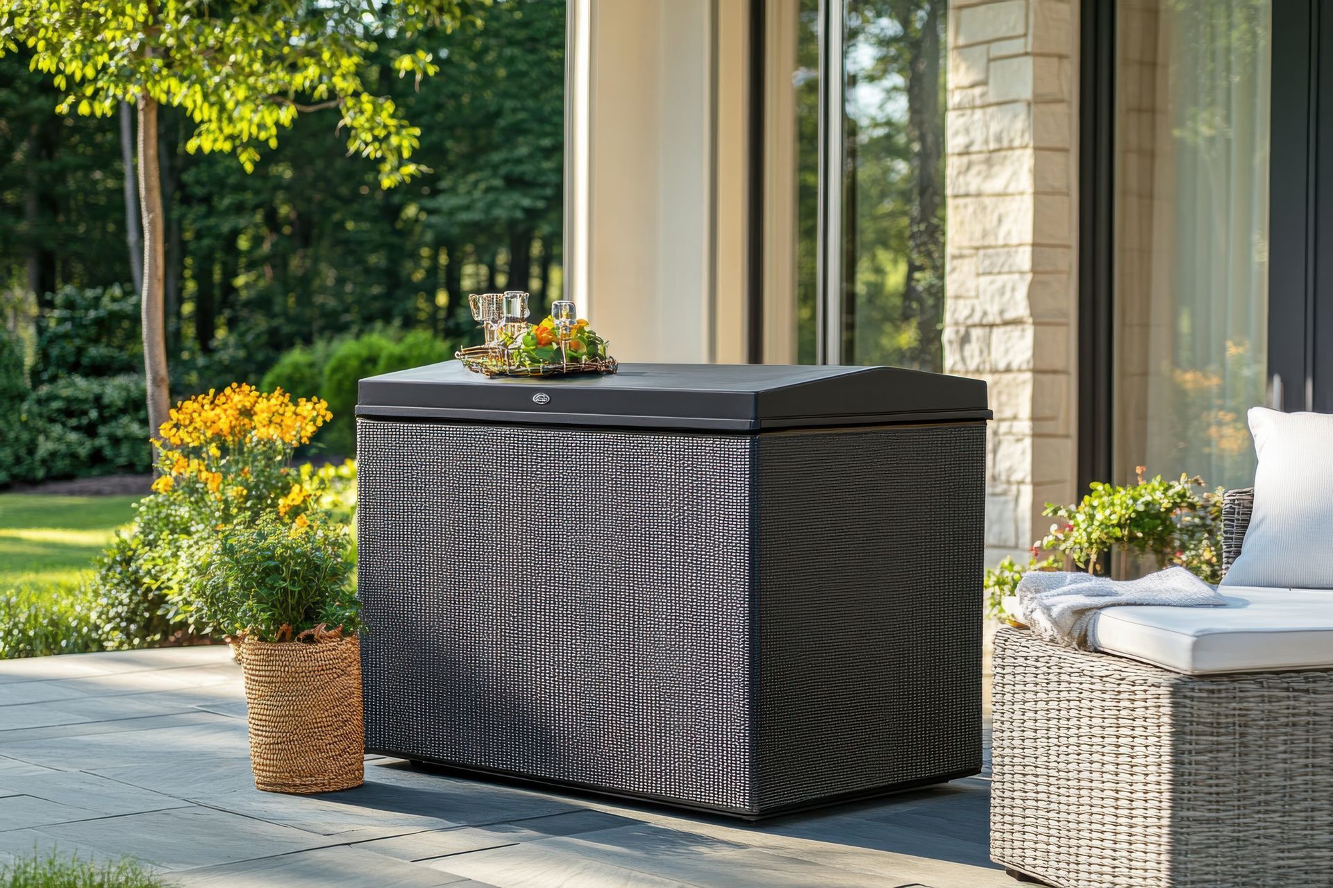 Un coffre de rangement extérieur rectangulaire noir à l'aspect osier est posé sur une terrasse en pierre, à côté d'une chaise et de plantes à fleurs jaunes.