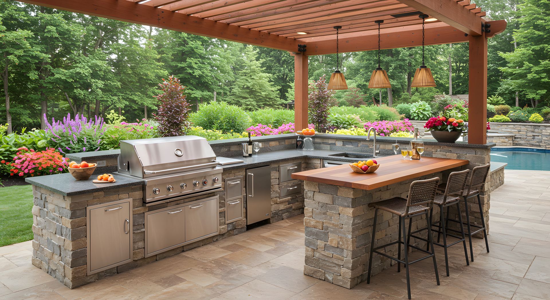 Cuisine extérieure avec un espace barbecue en pierre, des sièges de bar et une pergola en bois donnant sur une piscine et un jardin luxuriant.