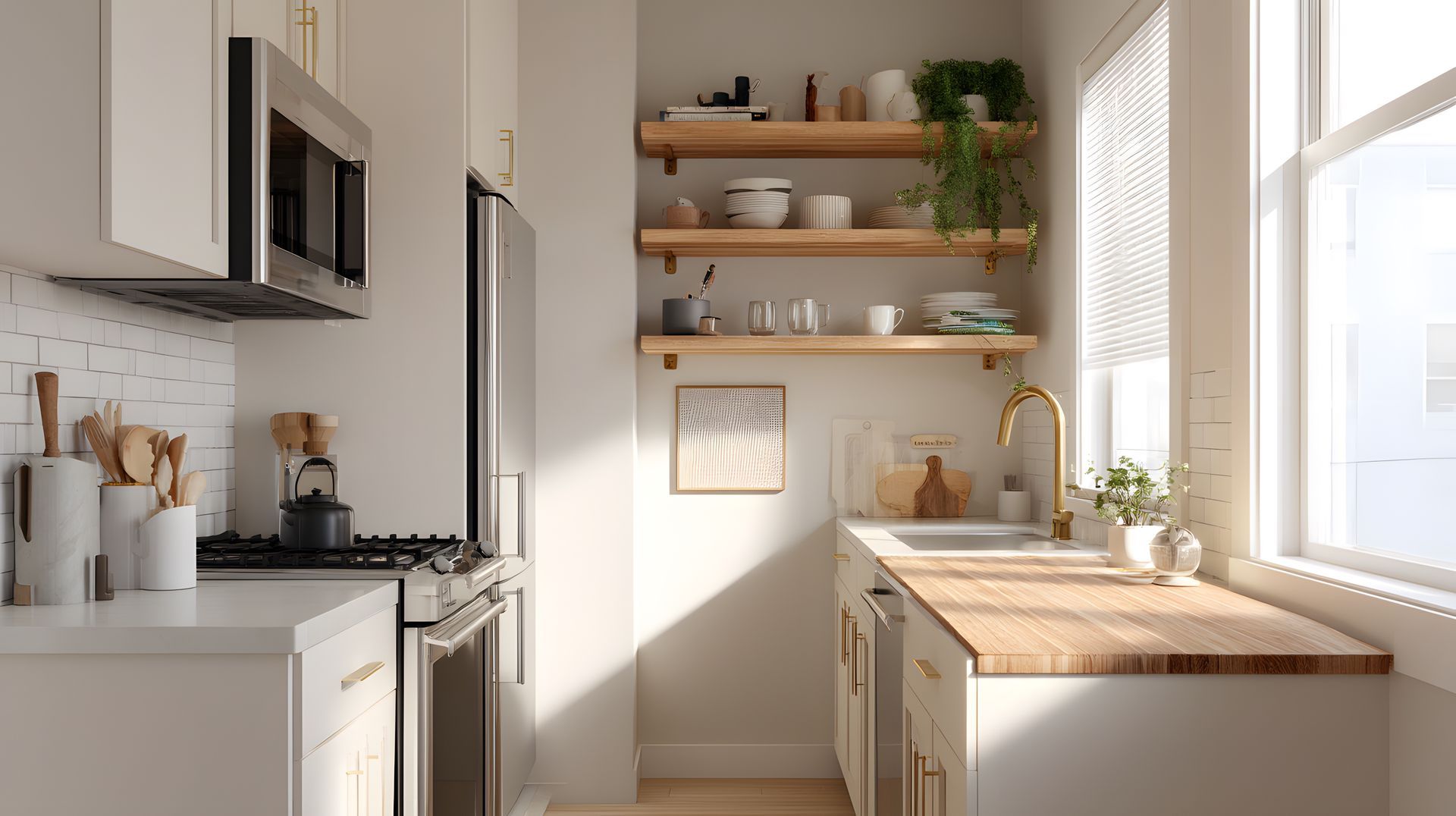 Une cuisine moderne et lumineuse avec des armoires blanches, des étagères en bois, un plan de travail en bois massif et des appareils électroménagers en acier inoxydable.