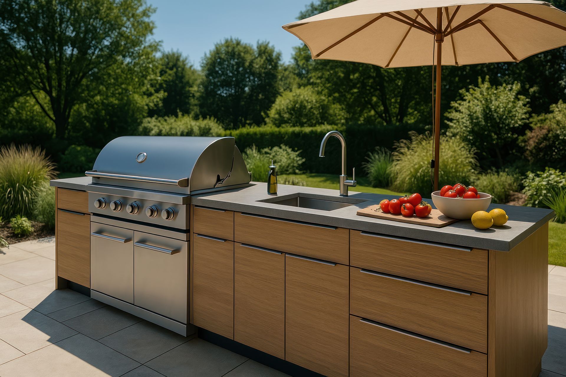 Une cuisine extérieure avec un barbecue en acier inoxydable, un évier et des meubles en bois sur une terrasse ombragée par un grand parasol beige.
