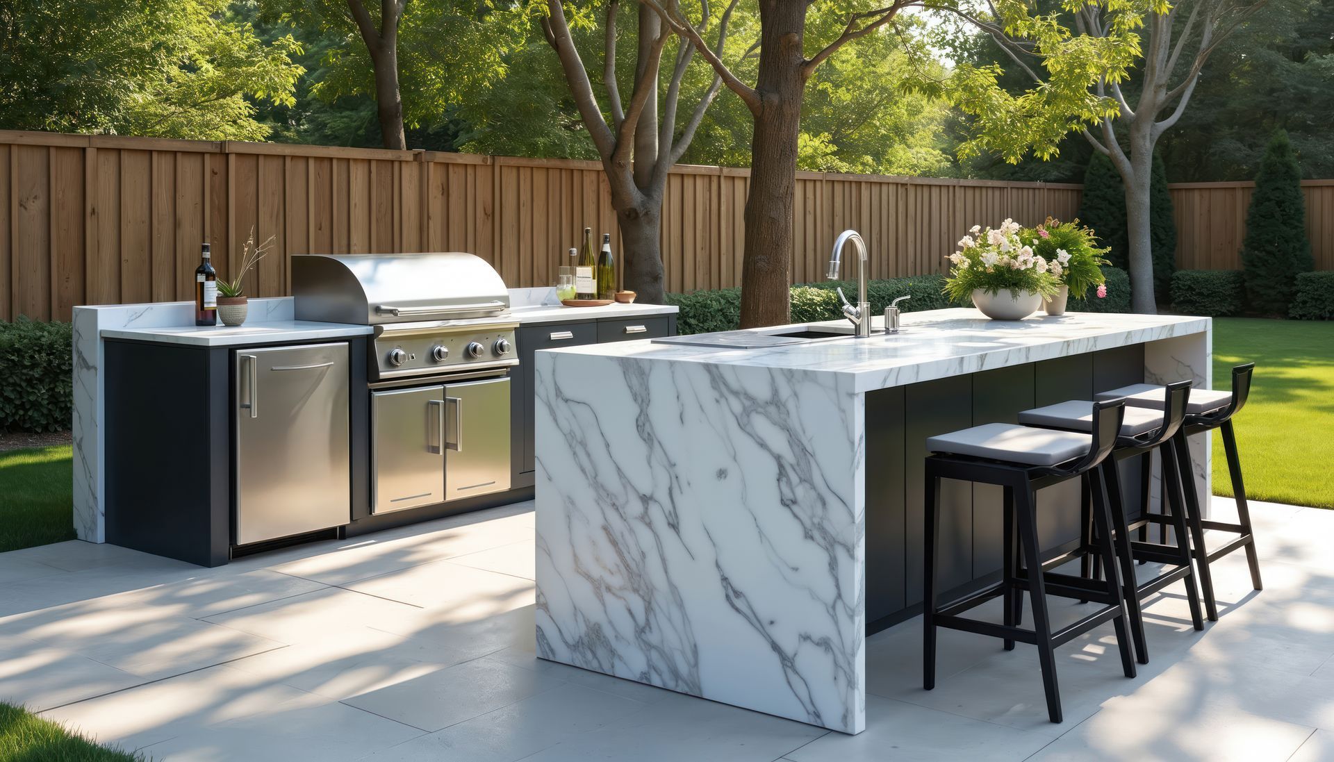 Cuisine extérieure avec barbecue, évier et îlot central avec sièges sous les arbres ; cadre de jardin.