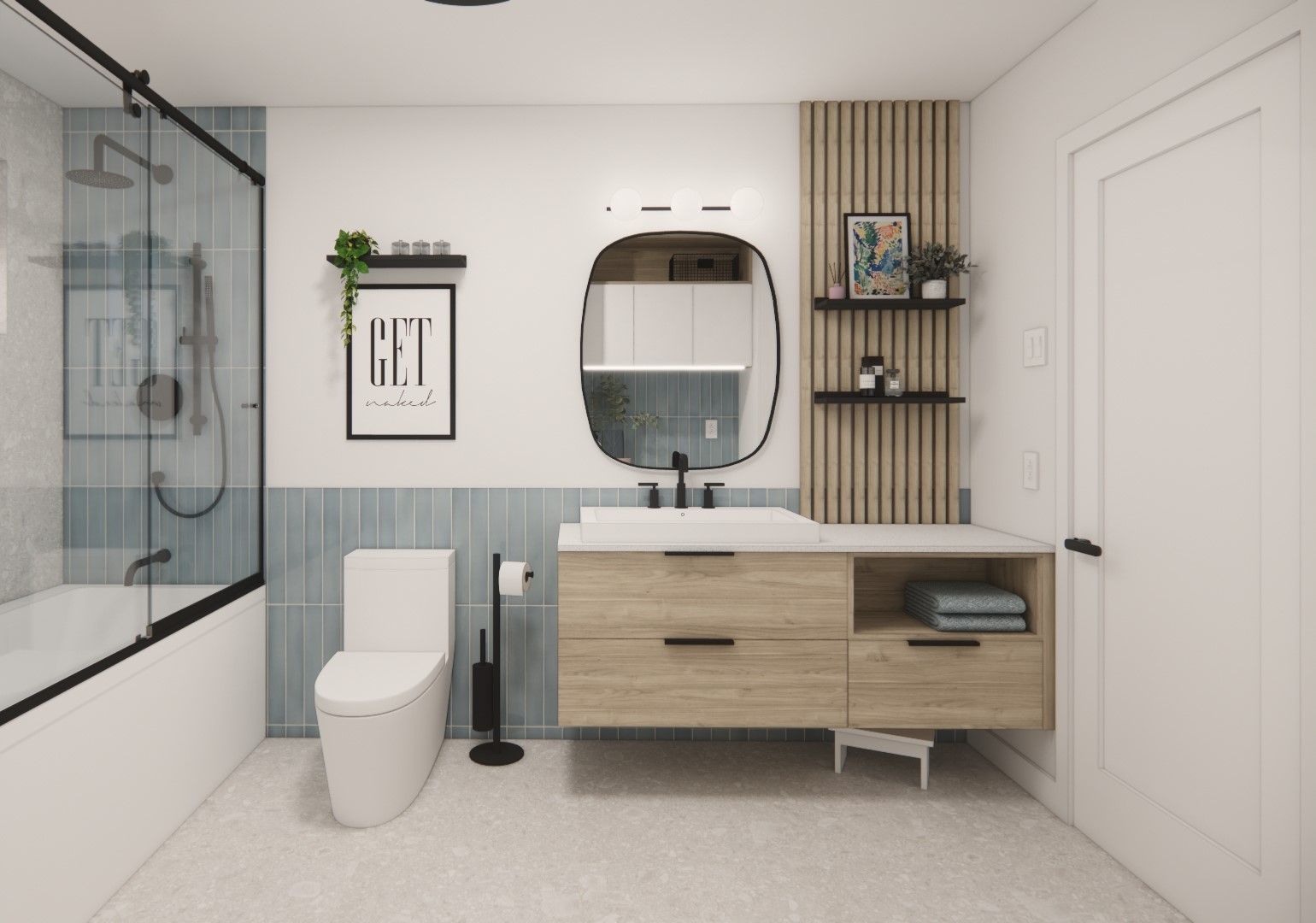 Salle de bains moderne avec meuble-lavabo en bois clair, miroir ovale, accents de carrelage bleu et douche.