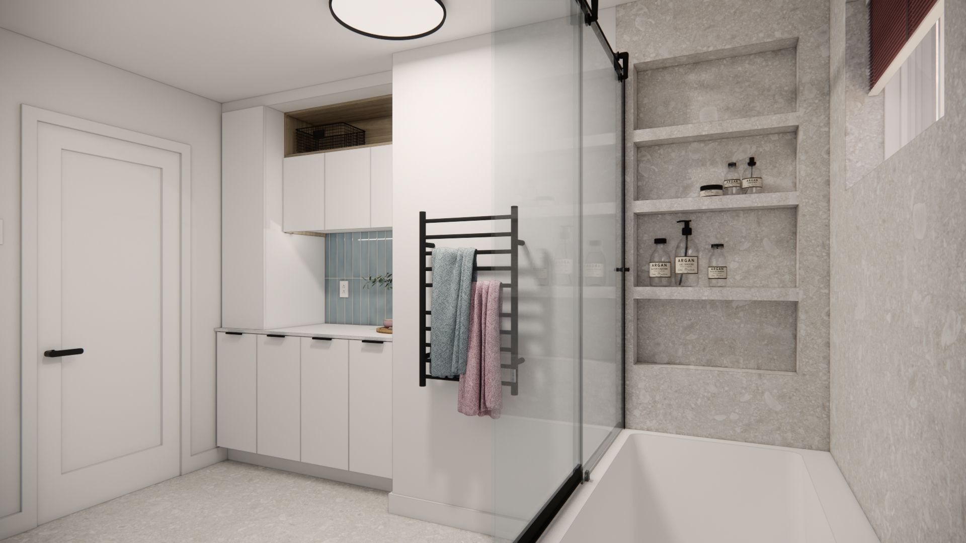 Salle de bains moderne blanche avec douche en verre, porte-serviettes et étagères intégrées.