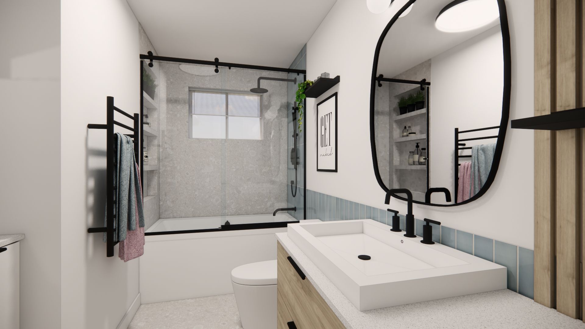 Salle de bains moderne avec robinetterie noire, meuble-lavabo en bois clair et accents de carrelage bleu.