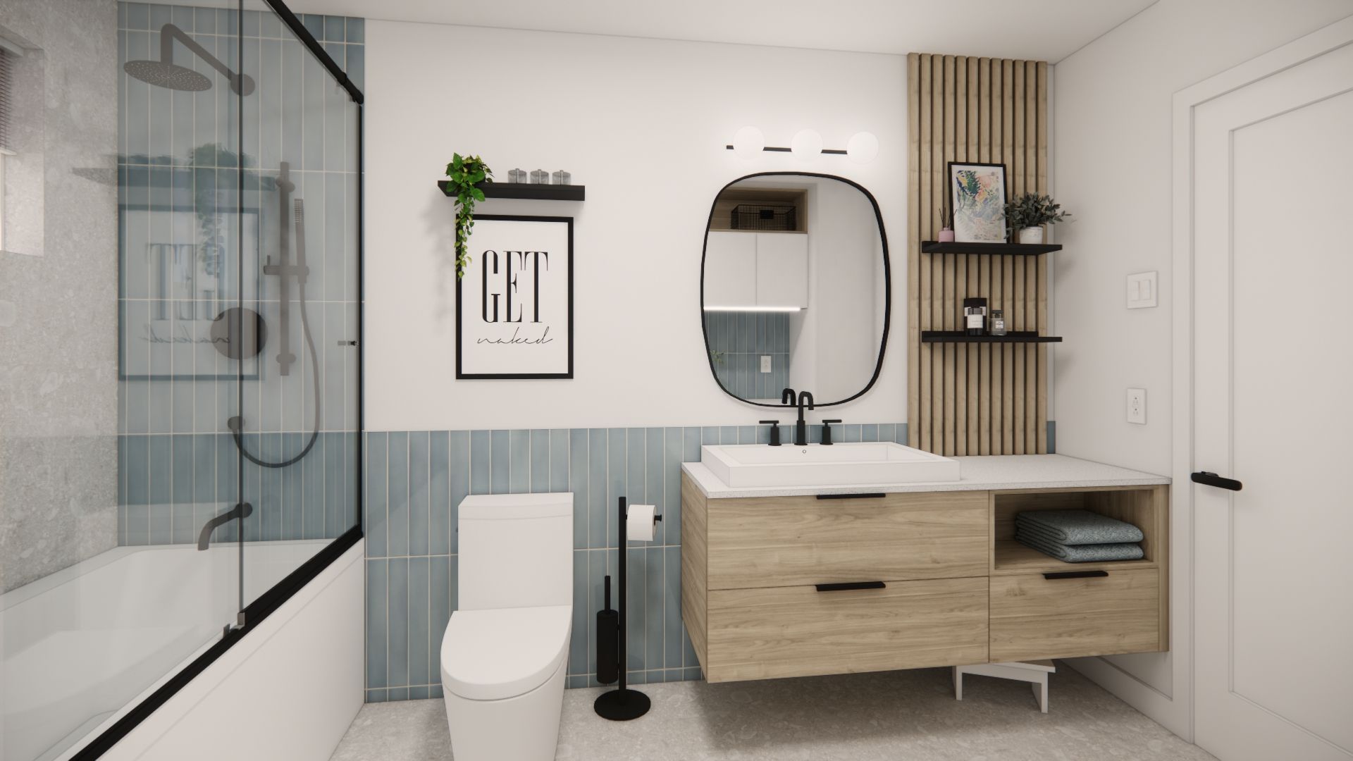 Salle de bains moderne avec meuble-lavabo en bois clair, robinetterie noire, carrelage bleu et douche avec portes en verre.