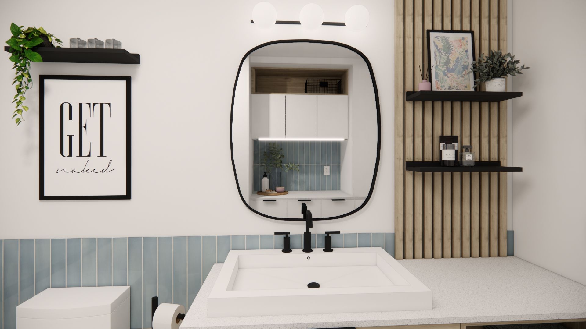 Intérieur de salle de bains avec lavabo, miroir et étagères, orné de carrelage bleu et de touches de bois.
