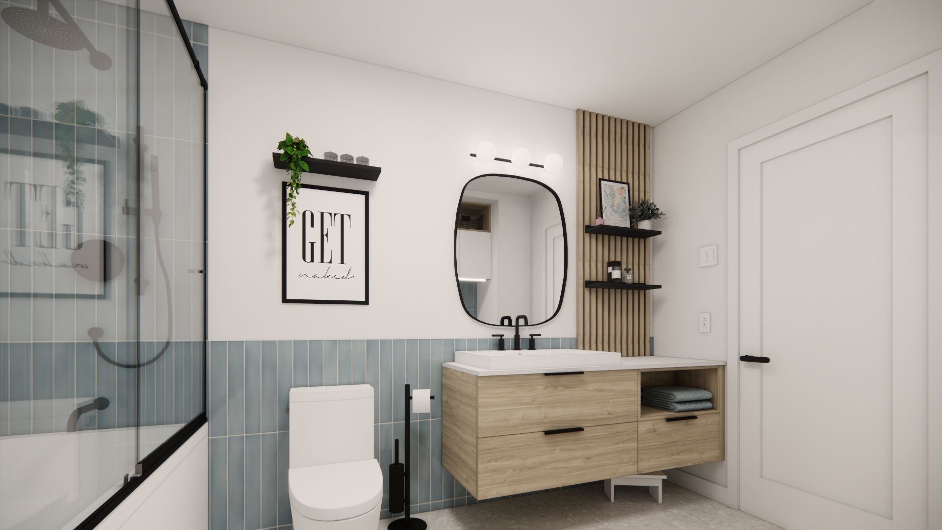 Salle de bains moderne avec des touches de bleu et de bois, comprenant un meuble-lavabo, des toilettes et une baignoire.