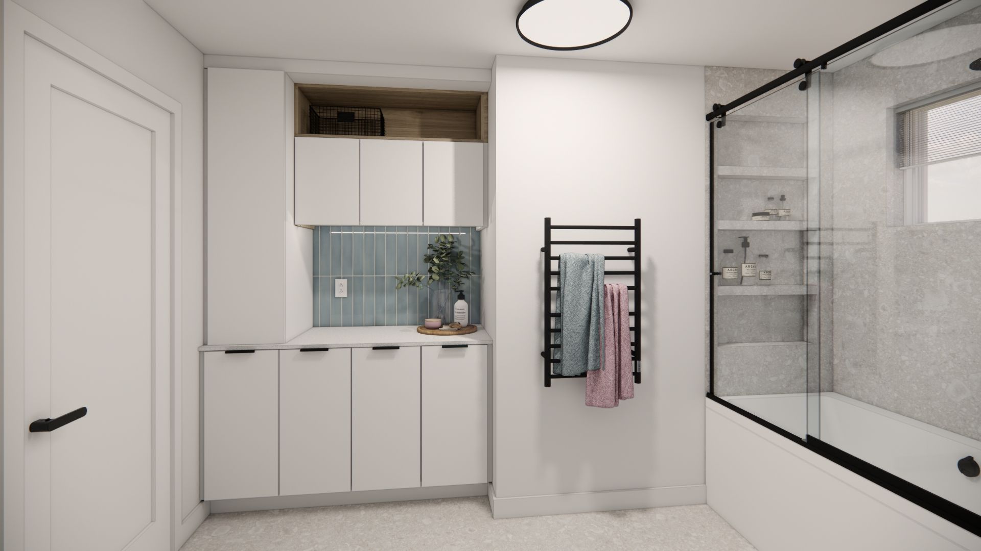 Salle de bains moderne blanche avec placards, douche, sèche-serviettes et étagères intégrées.