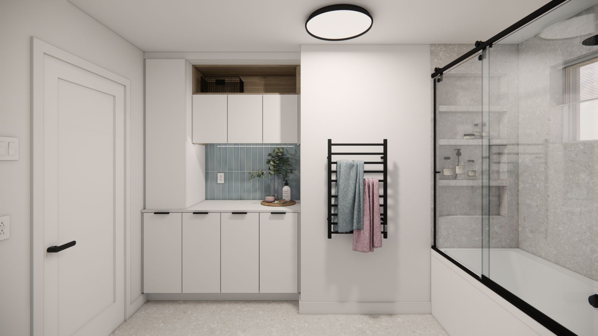 Salle de bains moderne blanche avec douche, placards de rangement et sèche-serviettes noir.