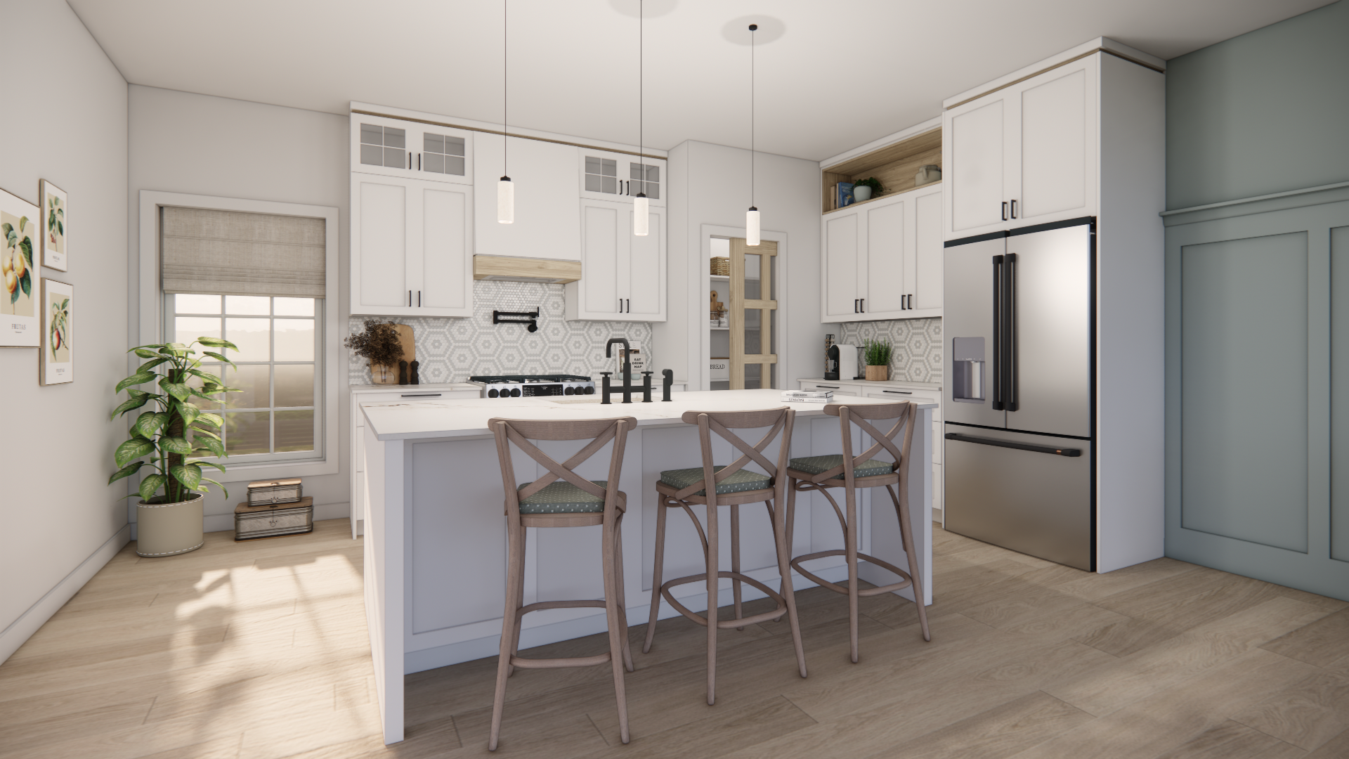 Cuisine blanche moderne avec îlot central, tabourets, réfrigérateur en acier inoxydable et fenêtre.