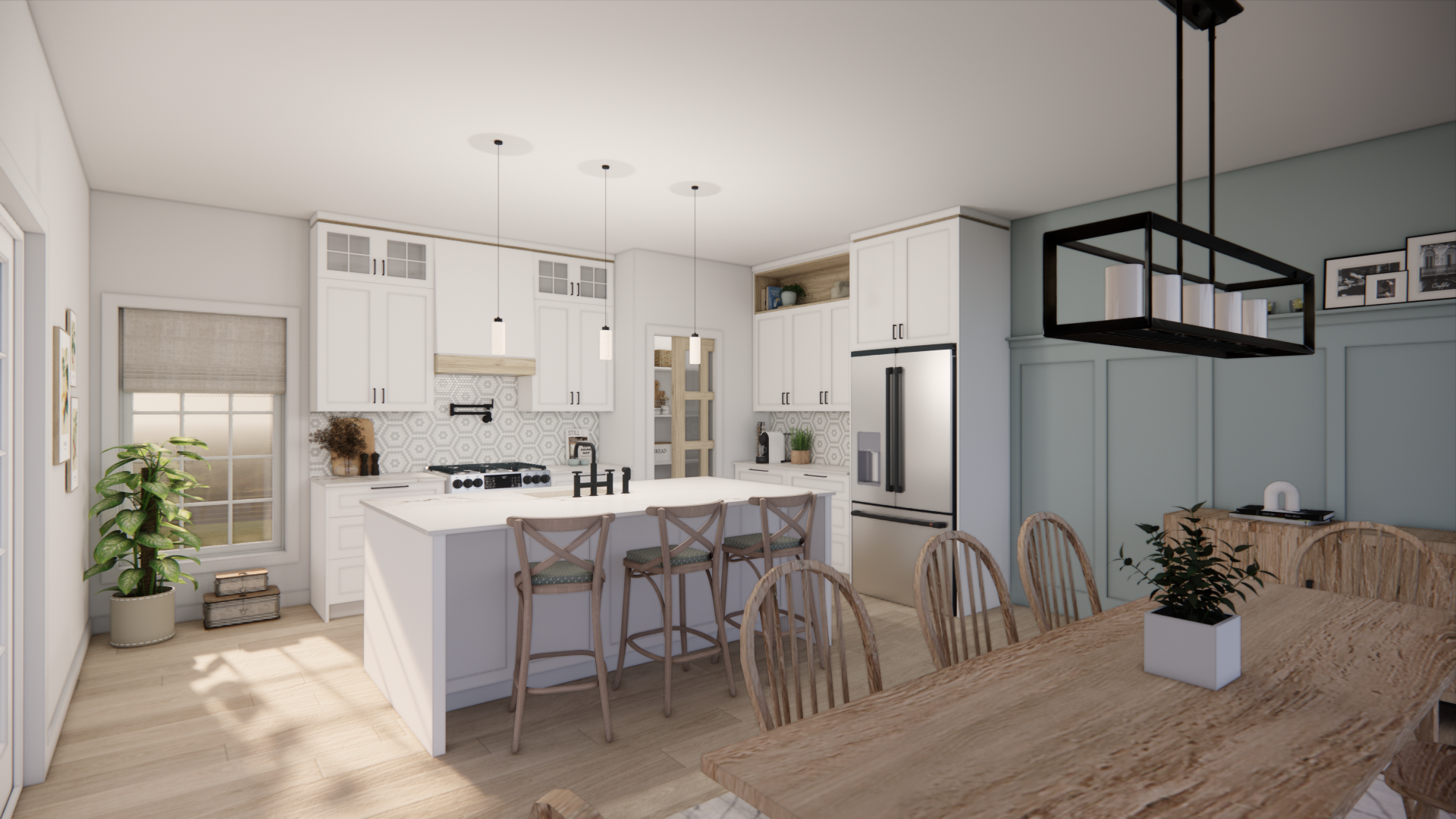 Cuisine et salle à manger modernes avec armoires blanches, îlot central et mur d'accent bleu.