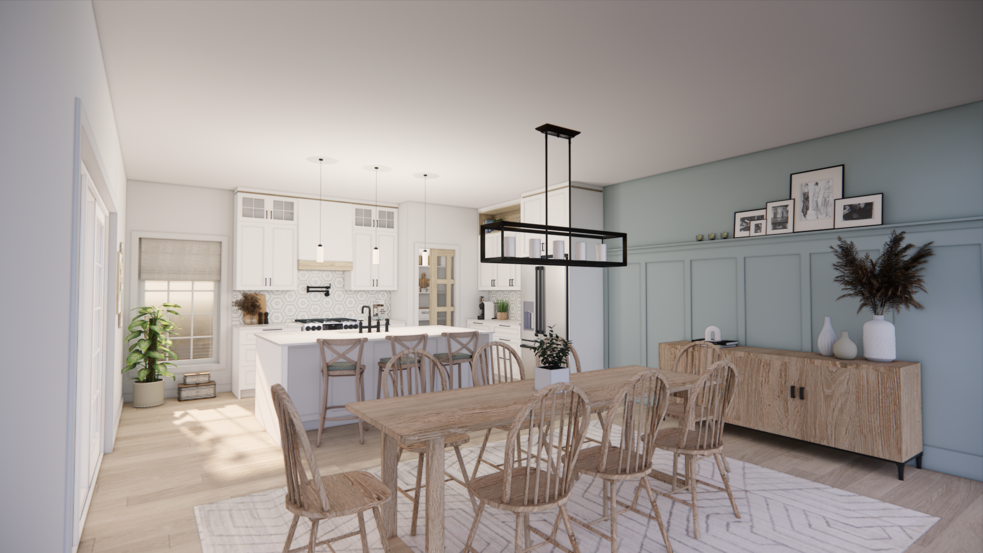 Cuisine/salle à manger spacieuse avec parquet clair, placards blancs et un mur d'accent bleu.